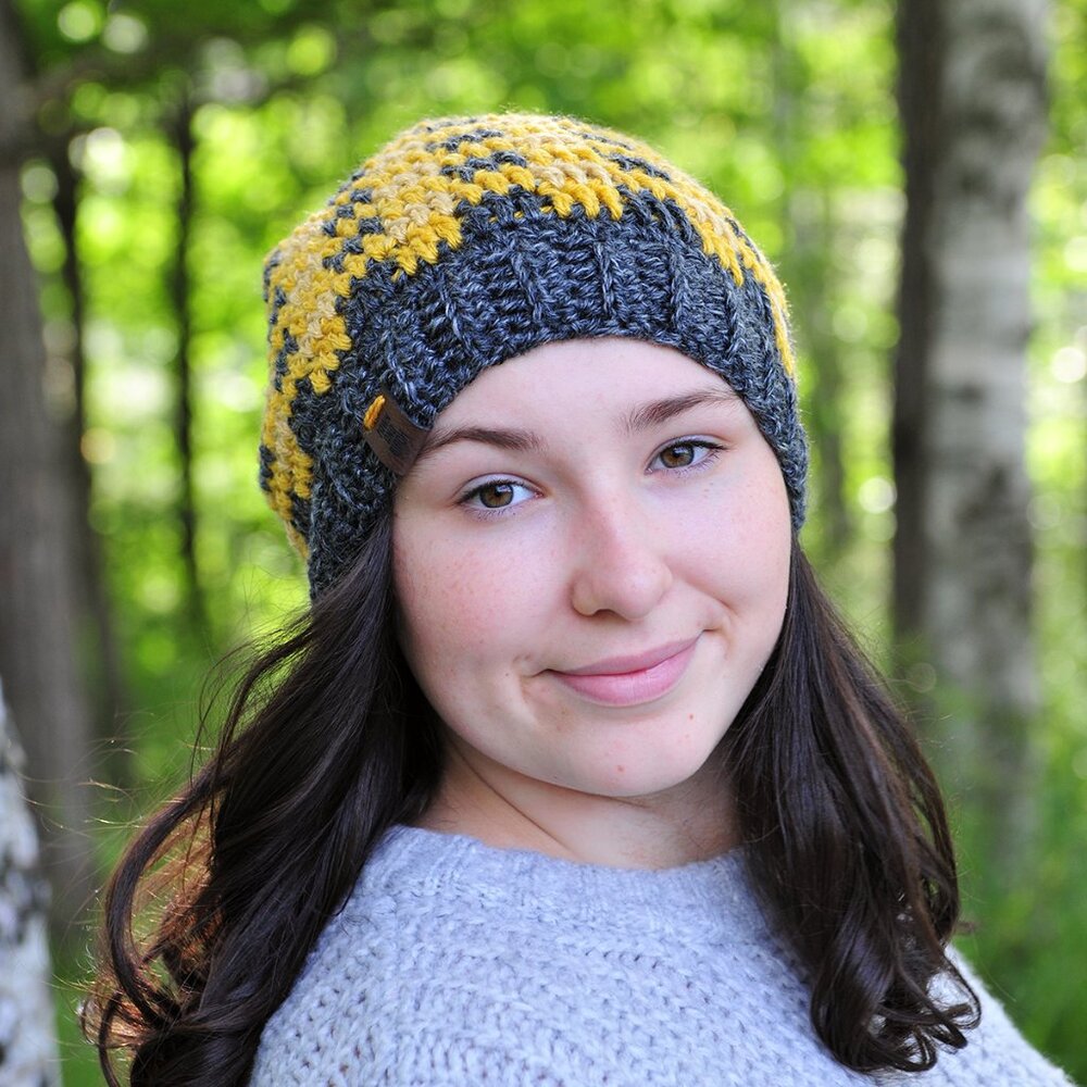 Handmade Cute Gold and Grey Plaid Hat, Crochet Toque Made in Canada